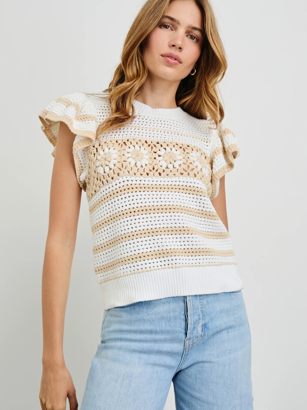 Elie Tahari White & Tan Crochet Flutter Sleeve Tank